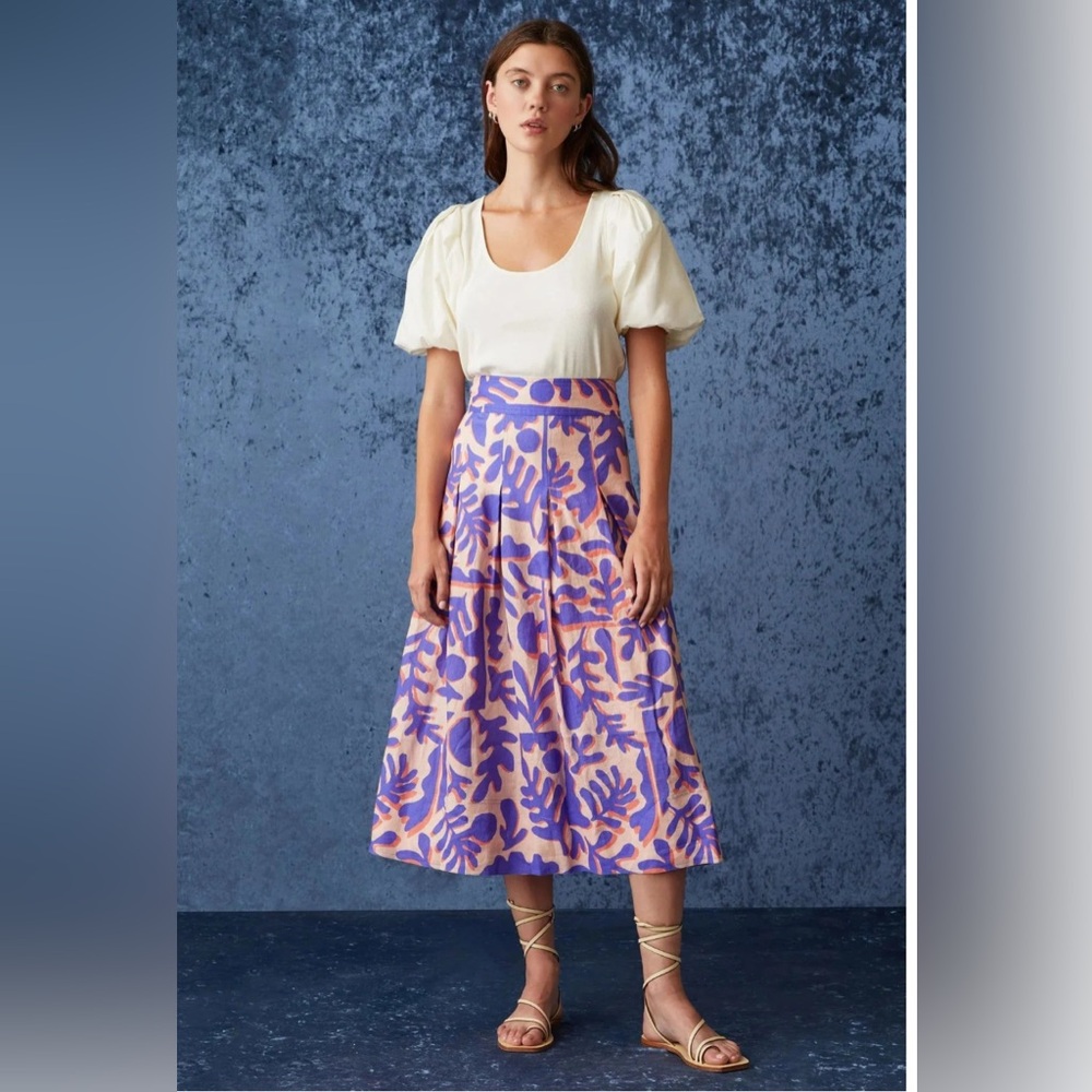 Marie Oliver Frankie Skirt Sz 6 Pink Purple Abstract Pleated A-Line Midi Linen
